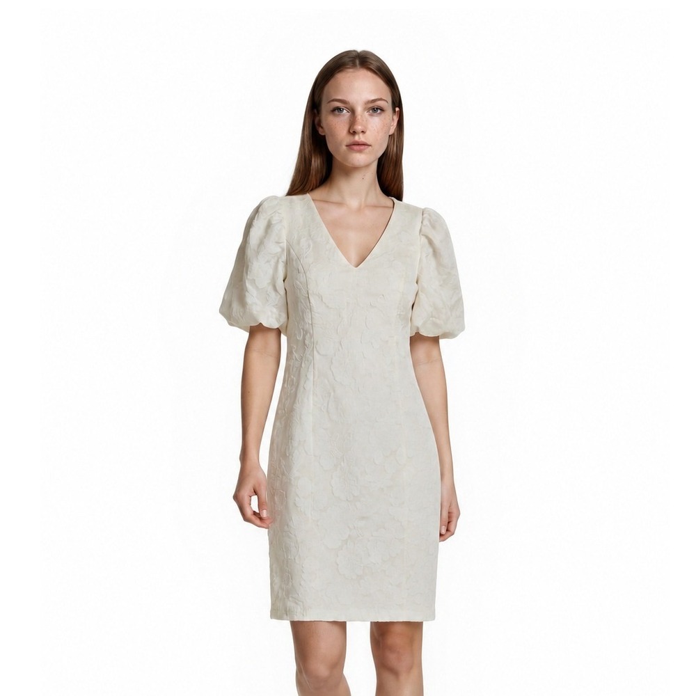 New English Factory Dress Women's Size Medium White Floral Jacquard Puff Sleeve